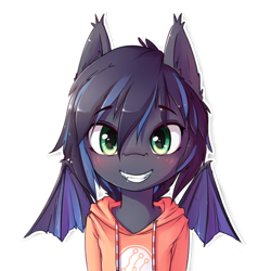 Size: 512x512 | Tagged: safe, artist:hoodie, oc, oc only, oc:midnight aegis, species:bat, species:bat pony, species:pony, blushing, bust, clothing, ear fluff, hoodie, looking at you, simple background, smiling, solo, spread wings, transparent background, wings