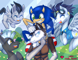 Size: 3850x2975 | Tagged: safe, artist:ladypixelheart, character:rumble, character:soarin', character:sonic the hedgehog, character:thunderlane, oc, oc:foxtrot, species:anthro, species:pony, anthro with ponies, crossover, fanfic, fanfic art, furry, noogie, old art, sonic the hedgehog (series)