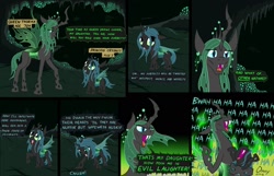 Size: 1950x1257 | Tagged: safe, artist:omny87, character:queen chrysalis, oc, oc:queen thorax, species:changeling, episode:slice of life, g4, my little pony: friendship is magic, changeling queen, changeling queen oc, comic, cute, cutealis, duo, duo female, evil laugh, eyes closed, fangs, female, filly, glare, hilarious in hindsight, laughing, mother and daughter, nymph, open mouth, parent, raised hoof, smiling, smirk, stomping, young, younger