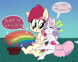 Size: 1499x1200 | Tagged: safe, artist:dragonpone, derpibooru original, character:roseluck, character:sweetie belle, blush sticker, blushing, cheek fluff, chest fluff, chubby, crack shipping, cuddling, cutie mark, dialogue, ear fluff, female, flower, heart, hug, lesbian, looking back, love, older, open mouth, plot, pond, potted plant, rainbow, rose, rosebelle, shipping, sitting, smiling, snuggling, sparkles, the cmc's cutie marks, underhoof, vulgar