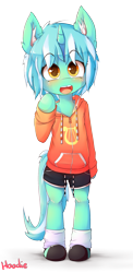 Size: 1000x2050 | Tagged: safe, artist:hoodie, character:lyra heartstrings, blushing, clothing, colored pupils, cute, ear fluff, female, filly, filly lyra, foal, hoodie, lyrabetes, open mouth, semi-anthro, shorts, signature, simple background, smiling, socks, solo, transparent background, weapons-grade cute, younger
