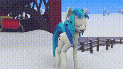 Size: 400x225 | Tagged: safe, artist:styroponyworks, character:dj pon-3, character:vinyl scratch, 3d, animated, blender, bridge, eyes closed, female, gif, sleigh, snow, snowfall, solo, tongue out, tree, video at source