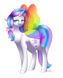 Size: 2326x2883 | Tagged: safe, artist:ohhoneybee, oc, oc only, oc:water lili, species:pony, species:unicorn, bow, colored wings, female, glimmer wings, hair bow, high res, mare, multicolored wings, rainbow wings, simple background, solo, transparent background, wings