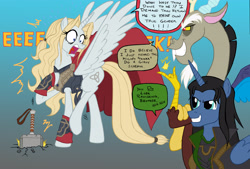 Size: 4000x2699 | Tagged: safe, artist:edcom02, artist:jmkplover, character:discord, species:alicorn, species:pony, crossover, hammer, loki, marvel, ponified, rule 63, s.a.m: adventures in gender-bending, thor, transformation, transgender transformation