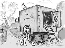 Size: 1024x768 | Tagged: safe, artist:agm, character:fluttershy, species:chicken, bygone civilization, kv-2, tank (vehicle)
