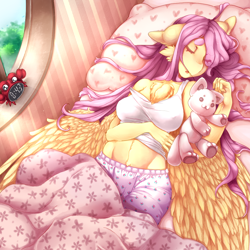 Size: 1024x1024 | Tagged: safe, artist:tolsticot, character:fluttershy, species:anthro, species:pegasus, g4, arm under breasts, beanbrows, bed, bedroom, breasts, busty fluttershy, chest fluff, clothing, cute, eye clipping through hair, eyebrows, eyes closed, female, in bed, mare, midriff, off shoulder, on back, pajamas, pillow, plushie, precious, shyabetes, sleeping, solo, spread wings, tank top, wings