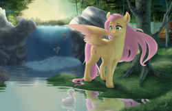 Size: 5100x3300 | Tagged: safe, artist:silentwulv, character:fluttershy, species:duck, species:pegasus, species:pony, absurd resolution, beautiful, colored wings, colored wingtips, duckling, female, forest, looking at something, looking down, mare, nature, reflection, river, scenery, smiling, solo, spread wings, sunlight, tree, unshorn fetlocks, waterfall, wings