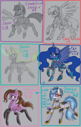 Size: 1229x1920 | Tagged: safe, artist:raptor007, character:dj pon-3, character:princess luna, character:vinyl scratch, armor, clothing, commission, scarf, shoes, socks, stockings, thigh highs, visor