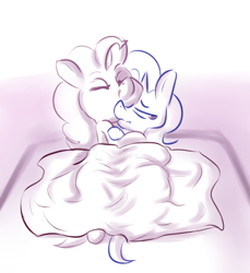 Size: 1280x1396 | Tagged: safe, artist:helloiamyourfriend, character:pinkie pie, character:trixie, species:earth pony, species:pony, species:unicorn, /mlp/, ship:trixiepie, blanket, colored sketch, drawthread, eyes closed, female, lesbian, mare, monochrome, partial color, shipping, sketch, smiling, snuggling, tsundere