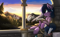 Size: 1600x979 | Tagged: safe, artist:saxopi, oc, oc only, oc:quiet scribble, species:earth pony, species:pony, forest, mountain, mountain range, pencil, saddle bag, scenery, sketchbook, solo