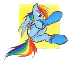 Size: 1239x1000 | Tagged: safe, artist:kejifox, character:rainbow dash, species:pegasus, species:pony, both cutie marks, clothing, dock, featureless crotch, female, misleading thumbnail, mouth hold, plot, simple background, socks, solo, white background