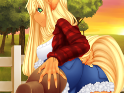 Size: 1600x1200 | Tagged: safe, artist:tolsticot, character:applejack, species:anthro, species:earth pony, species:pony, applebutt, applejack's hat, ass, clothing, cowboy hat, daisy dukes, dock, dusk, female, hat, looking back, mare, shorts, solo, stupid sexy applejack, sunset, the ass was fat, twilight (astronomy)