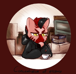 Size: 1489x1458 | Tagged: safe, artist:helloiamyourfriend, oc, oc only, oc:mallac, species:zebra, species:zony, book, box, clothing, coffee, colored sketch, concentrating, hoodie, sketch, solo, text