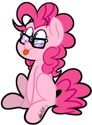 Size: 2189x2965 | Tagged: safe, artist:befishproductions, character:pinkie pie, female, glasses, missing cutie mark, signature, simple background, solo, tongue out, transparent background