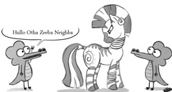 Size: 825x442 | Tagged: safe, artist:bunnimation, character:zecora, species:zebra, angry, crocs, crossover, dialogue, engrish, grayscale, monochrome, pearls before swine, simple background, white background