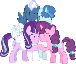 Size: 3562x3000 | Tagged: safe, artist:chainchomp2, character:double diamond, character:night glider, character:party favor, character:starlight glimmer, character:sugar belle, species:earth pony, species:pegasus, species:pony, species:unicorn, episode:the cutie re-mark, .svg available, equal four, female, high res, hug, male, mare, simple background, stallion, transparent background, vector