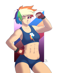 Size: 2400x3000 | Tagged: safe, artist:souladdicted, character:rainbow dash, species:human, abs, alternate hairstyle, belly button, clothing, female, fit, gloves, humanized, looking at you, midriff, muscles, one eye closed, sexy, signature, simple background, solo, sports bra, sports shorts, stupid sexy rainbow dash, wink, workout outfit