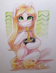 Size: 837x1080 | Tagged: safe, artist:aphphphphp, oc, oc only, species:earth pony, species:pony, chopsticks, eating, food, noodles, ramen, sitting, solo, traditional art, watercolor painting