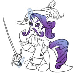 Size: 540x564 | Tagged: safe, artist:tomatocoup, character:rarity, species:pony, species:unicorn, 30 minute art challenge, clothing, coat, cravat, elusive, epee, facial hair, feather hat, hat, levitation, magic, moustache, partial color, raised hoof, rule 63, scar, simple background, sitting, sketch, solo, sword, telekinesis, weapon, white background