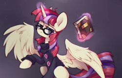 Size: 1280x822 | Tagged: safe, artist:mirtash, rcf community, character:moondancer, species:alicorn, species:pony, g4, alicornified, book, chromatic aberration, clothing, female, glasses, glowing horn, looking at you, magic, magic aura, mare, moondancercorn, race swap, simple background, solo, sweater, telekinesis, three quarter view, unamused, wings
