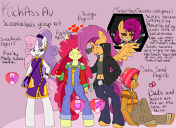 Size: 1969x1435 | Tagged: safe, artist:reneesdetermination, character:apple bloom, character:babs seed, character:scootaloo, character:sweetie belle, oc, oc:moterloo, species:anthro, species:pegasus, species:pony, species:unguligrade anthro, cutie mark crusaders, nail polish, ow the edge, piercing