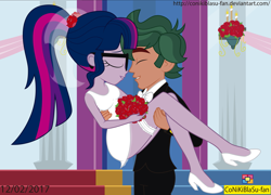 Size: 2313x1665 | Tagged: safe, artist:conikiblasu-fan, character:timber spruce, character:twilight sparkle, character:twilight sparkle (scitwi), species:eqg human, ship:timbertwi, my little pony:equestria girls, bouquet, bridal carry, clothing, dress, female, garter, glasses, male, marriage, shipping, straight, suit, valentine's day, wedding, wedding dress