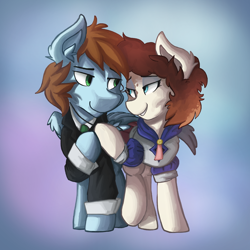 Size: 900x900 | Tagged: safe, artist:saxopi, oc, oc only, oc:charlie, oc:sorren, species:earth pony, species:pegasus, species:pony, episode:hearts and hooves day, g4, my little pony: friendship is magic, charren, clothing, costume, couple, female, gradient background, holding hooves, looking at each other, male, oc x oc, shipping, simple background, smiling, straight, wings