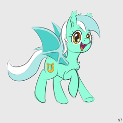 Size: 1000x1000 | Tagged: safe, artist:yakoshi, character:lyra heartstrings, species:bat pony, species:pony, blushing, chest fluff, cute, ear fluff, female, flying, gray background, happy, looking at you, open mouth, race swap, simple background, smiling, solo, spread wings, underhoof, wings