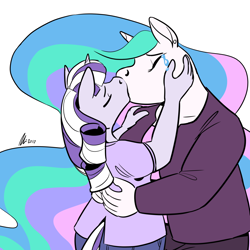 Size: 1280x1280 | Tagged: safe, artist:rwl, character:princess celestia, character:twilight velvet, species:anthro, fanfic:just like old times, blushing, chubby, crack shipping, crying, fanfic, fanfic art, female, floppy ears, hug, kissing, lesbian, lidded eyes, long neck, looking at each other, looking down, looking up, ship:velestia, shipping, simple background, smiling, tears of joy