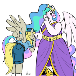 Size: 1280x1280 | Tagged: safe, artist:rwl, character:derpy hooves, character:princess celestia, species:anthro, ship:derpylestia, blushing, chubby, chubbylestia, clothing, crack shipping, cute, derpabetes, dress, fat, female, height difference, kiss on the hand, kissing, lesbian, mail, mailbag, shipping, size difference