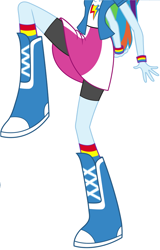 Size: 4696x7336 | Tagged: safe, artist:sugar-loop, artist:teentitansfan201, edit, character:rainbow dash, my little pony:equestria girls, absurd resolution, boots, clothing, compression shorts, cropped, female, leg focus, raised leg, simple background, skirt, skirt lift, socks, solo, vector, vector edit, white background, wristband
