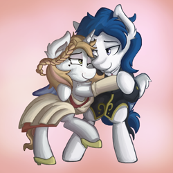 Size: 1600x1600 | Tagged: safe, artist:saxopi, oc, oc only, oc:crystal wishes, oc:silent knight, parent:jet set, parent:upper crust, parents:upperset, armor, beauty mark, braid, clothing, dancing, dress, evening gloves, female, gloves, horseshoes, long gloves, looking at each other, male, oc x oc, offspring, offspring shipping, one eye closed, shipping, silentwishes, smiling, straight, valentine, valentine's day, waltz, wink