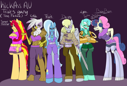 Size: 2500x1700 | Tagged: safe, artist:reneesdetermination, character:bon bon, character:derpy hooves, character:gilda, character:lyra heartstrings, character:sunset shimmer, character:sweetie drops, character:trixie, species:anthro, species:griffon, species:unguligrade anthro, abs, amputee, augmented, belly button, biohacking, bionic arm, blindfold, bon bon is not amused, clothing, cyborg, fanny pack, midriff, open-chest sweater, prosthetic limb, prosthetics, sweater, sword, unamused, weapon