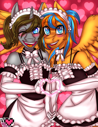 Size: 2975x3850 | Tagged: safe, artist:ladypixelheart, oc, oc only, oc:cold front, oc:disty, species:anthro, species:pegasus, species:pony, apron, bow, choker, clothing, crossdressing, femboy, gloves, headdress, heart, heart eyes, heart hands, long gloves, maid, male, ruffles, trap, wingding eyes