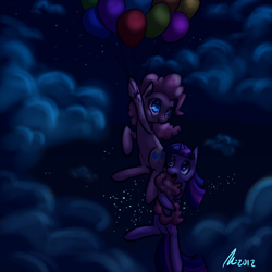 Size: 1200x1200 | Tagged: safe, artist:rwl, character:pinkie pie, character:twilight sparkle, ship:twinkie, balloon, cloud, cloudy, female, floating, flying, lesbian, low light, night, night sky, shipping, sky, stars, then watch her balloons lift her up to the sky