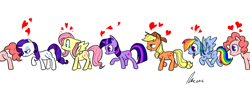 Size: 1280x464 | Tagged: safe, artist:rwl, character:applejack, character:fluttershy, character:pinkie pie, character:rainbow dash, character:rarity, character:twilight sparkle, character:twilight sparkle (unicorn), species:earth pony, species:pegasus, species:pony, species:unicorn, ship:appledash, ship:omniship, ship:pinkiedash, ship:raripie, ship:rarishy, ship:twijack, ship:twishy, female, heart, lesbian, line-up, mane six, mare, mare train, now you're thinking with portals, polyamory, shipping, simple background, white background