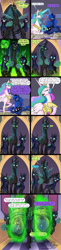 Size: 1200x4929 | Tagged: safe, artist:omny87, character:princess celestia, character:princess luna, character:queen chrysalis, species:alicorn, species:changeling, species:pony, episode:to where and back again, g4, my little pony: friendship is magic, absurd resolution, changeling guard, cocoon, comic, magic, paper, ponyloaf, prone, quill, royal sisters, telekinesis, uselesstia