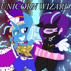 Size: 1500x1500 | Tagged: safe, artist:dragonpone, derpibooru original, character:starlight glimmer, character:trixie, species:pony, species:unicorn, alternate hairstyle, bipedal, cape, clothing, costume, crossover, danny sexbang, duo, ear fluff, electricity, embarrassed, eyes closed, floppy ears, frog (hoof), gloves, grin, hat, hoof hold, lidded eyes, mouth hold, ninja, ninja brian, ninja sex party, scepter, smiling, smug, spandex, star of david, sweat, title, tutu, twilight scepter, underhoof, unicorn wizard, wand, wizard, wizard hat