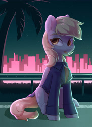 Size: 4000x5500 | Tagged: safe, artist:aphphphphp, character:derpy hooves, species:pegasus, species:pony, absurd resolution, city, clothing, female, jacket, mare, night, open mouth, road, sitting, solo, stars, tree