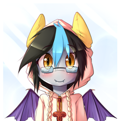 Size: 650x650 | Tagged: safe, artist:hoodie, oc, oc only, oc:nimble brisk, species:bat pony, species:pony, bust, clothing, hoodie, looking at you, portrait, semi-anthro, solo