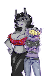 Size: 1280x1810 | Tagged: safe, artist:helloiamyourfriend, oc, oc only, oc:dinnea, oc:edgy cut, species:anthro, belly button, breasts, cleavage, crossed arms, donkey oc, ear fluff, female, frown, height difference, leaning, looking at you, midriff, scar, simple background, sketch, smiling, white background