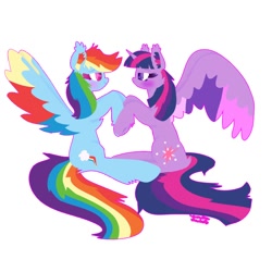 Size: 1008x1008 | Tagged: safe, artist:vanillaswirl6, character:rainbow dash, character:twilight sparkle, character:twilight sparkle (alicorn), species:alicorn, species:pony, ship:twidash, blushing, colored pupils, colored wings, ear fluff, female, holding hooves, lesbian, looking at each other, multicolored wings, shipping, simple background, white background