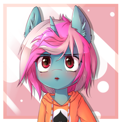 Size: 650x650 | Tagged: safe, artist:hoodie, oc, oc only, oc:card sadic, species:pony, abstract background, bust, clothing, collar, ear fluff, hoodie, looking at you, open mouth, semi-anthro, solo