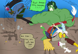 Size: 4000x2756 | Tagged: safe, artist:edcom02, artist:jmkplover, character:discord, species:pony, avengers, crossover, loki, muscles, overdeveloped muscles, ponified, rule 63, s.a.m: adventures in gender-bending, the incredible hulk, transformation, transgender transformation