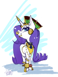 Size: 1969x2591 | Tagged: safe, artist:helloiamyourfriend, character:rarity, alternate hairstyle, armlet, belt, bracelet, chestplate, colored sketch, crown, ear piercing, earring, fangs, female, gold dust, gold tooth, horn cap, horn ring, horseshoes, inca, jewelry, lip piercing, mascara, necklace, nose piercing, nose ring, piercing, rarity wears human jewelry, regalia, sandals, solo