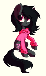 Size: 1400x2300 | Tagged: safe, artist:mirtash, rcf community, oc, oc only, oc:toxxie, species:earth pony, species:pony, clothing, commission, cute, female, looking back, mare, raised hoof, simple background, sitting, smiling, solo, sweater