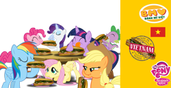 Size: 2321x1200 | Tagged: safe, artist:trungtranhaitrung, character:applejack, character:fluttershy, character:pinkie pie, character:rainbow dash, character:rarity, character:spike, character:twilight sparkle, character:twilight sparkle (alicorn), species:alicorn, species:dragon, species:pony, banh mi, eating, food, logo, made in vietnam, mane six, meat, ponies eating meat, sandwich, table, vietnam, vietnamese