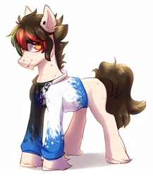 Size: 1876x2160 | Tagged: safe, artist:aphphphphp, oc, oc only, species:earth pony, species:pony, clothing, ear piercing, hoodie, male, piercing, simple background, solo, stallion, unshorn fetlocks, white background