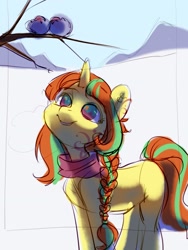Size: 1623x2160 | Tagged: safe, artist:aphphphphp, oc, oc only, species:pony, species:unicorn, braid, clothing, female, mare, scarf, snow, solo