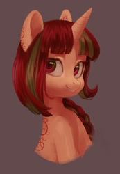 Size: 1496x2160 | Tagged: safe, artist:aphphphphp, oc, oc only, species:pony, species:unicorn, braid, bust, female, mare, portrait, smiling, solo